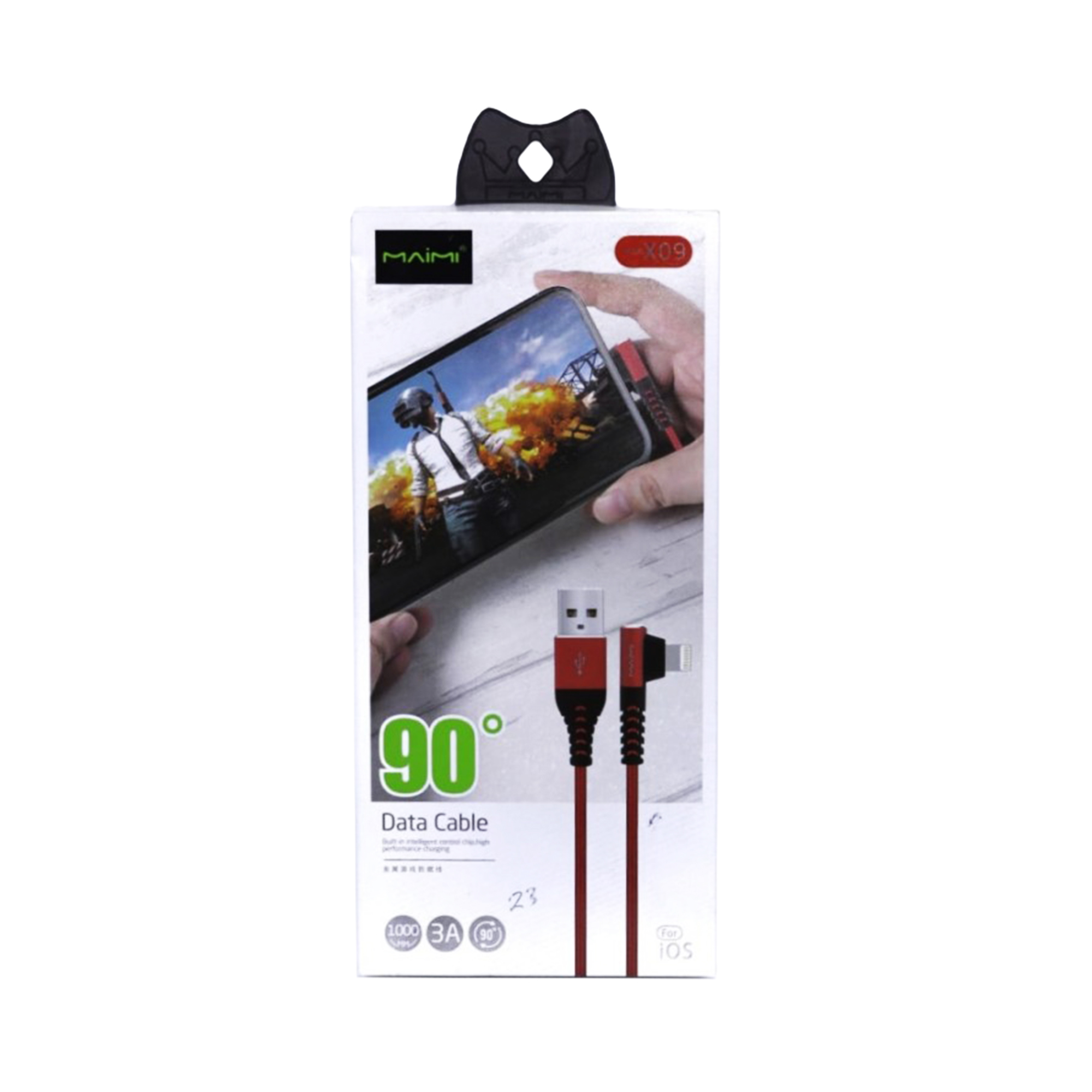 KABEL DATA MAIMI X09-IOS-1M-RED/BLACK- 3.0A CHARGING SPEED -90 DEGREE-FOR GAMING-ZINC ALLOY COVER+TPE ORIGINAL